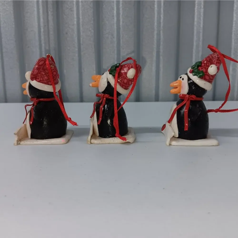 Penguin Christmas Ornaments Set of 3 Black‎ Red Holiday Resin Banner